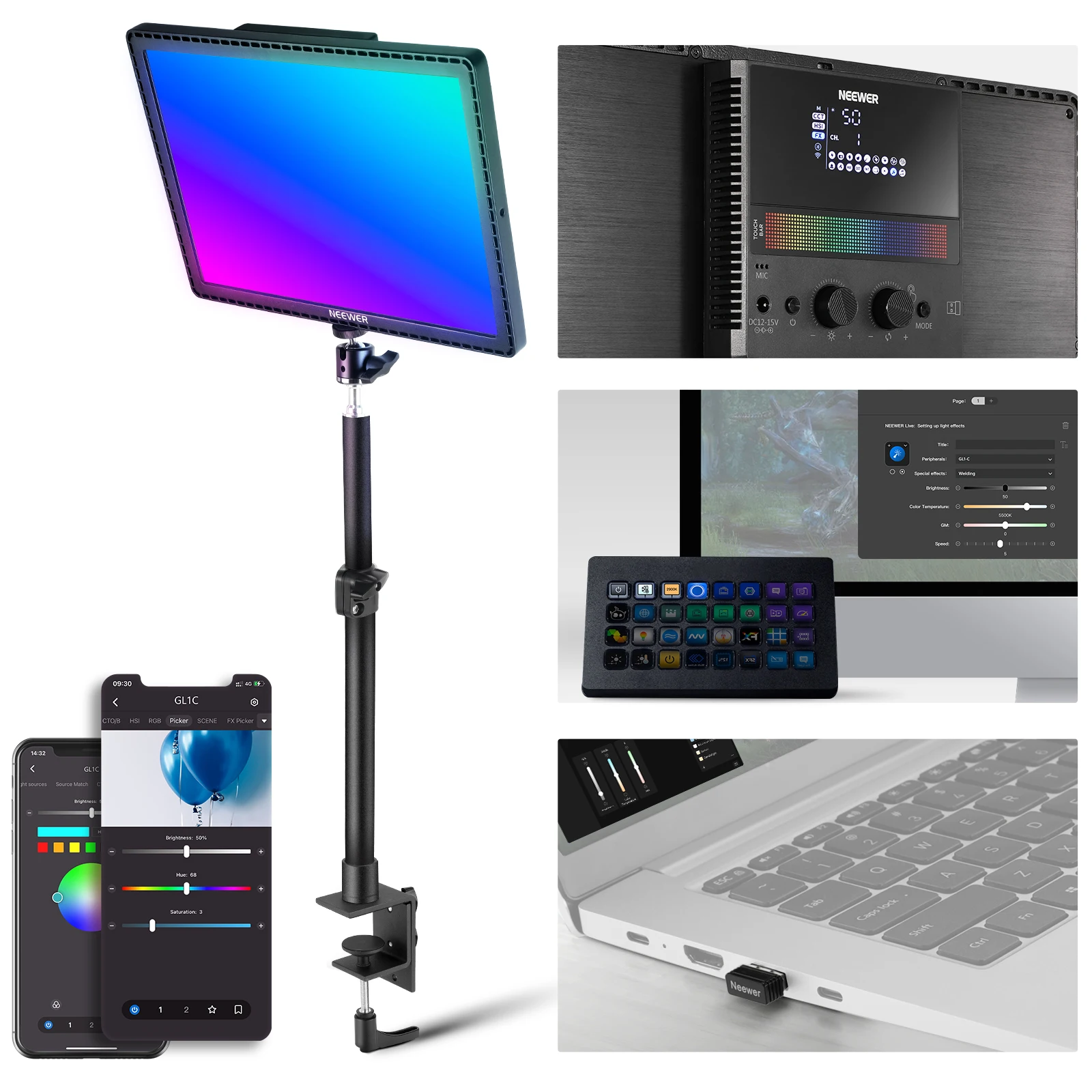 Led Light Panel Stream - NEEWER GL1C RGB 15,5 inch Key