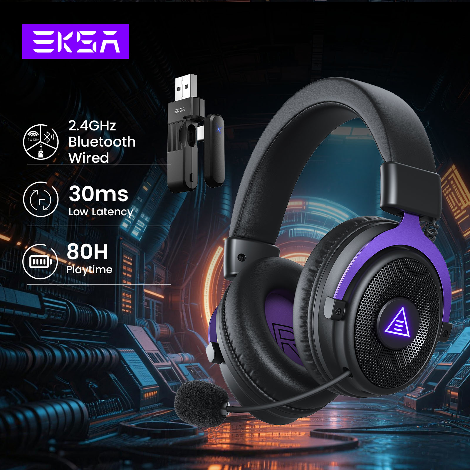 Gaming Headset 7.1 - EKSA E900 WT 2,4GHz draadloze hoofdtelefoon